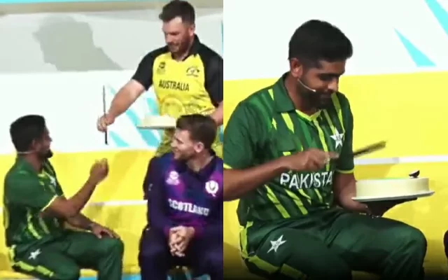  Watch: Aaron Finch presents Babar Azam birthday cake during 20-20 World Cup event