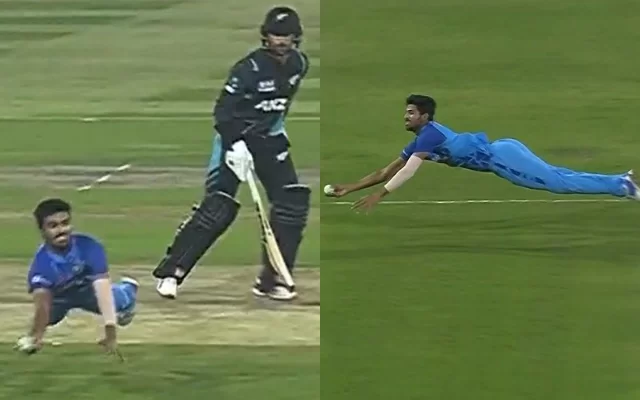  Watch: Washington Sundar pulls off a full-stretched diving catch on his own bowling vs NZ in 1st T20I