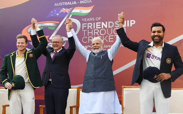  ‘Bhaiyo Behno, ye laga chauka’ – Rohit Sharma, Steve Smith pose with Narendra Modi, Australian PM ahead of 4th Test