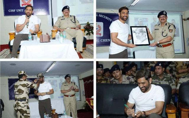  ‘Har mahine hazri lagane aata hai ye’ – Fans react as CISF officers gift art pictures and photo frame to MS Dhoni in ASG Chennai’s session
